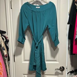 AKA New York Blue Pleated Tie Front Dress with Bateau Neckline